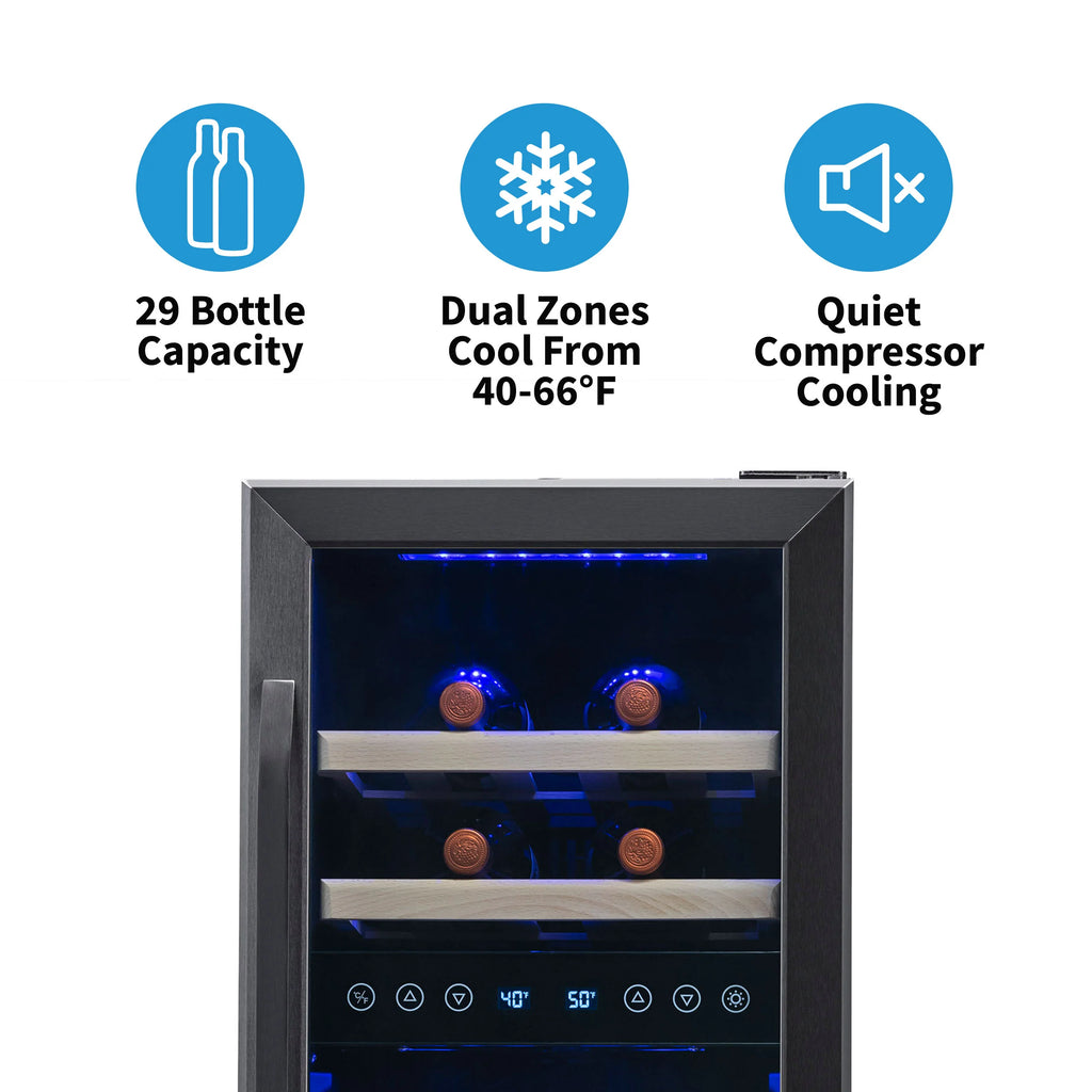 2025 Newair® Refrigerador de Vinos Empotrable Negro – 29 Botellas – 14,8" Doble Zona