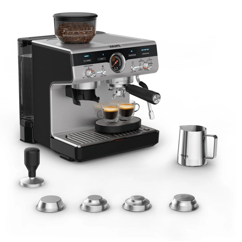 Krups Virtuoso Essential - Cafetera espresso 15 bar, acero inox negro, diseño compacto y elegante, parada automática, espresso y cappuccino, Thermoblock, boquilla de vapor, incluye cuchara, XP4418