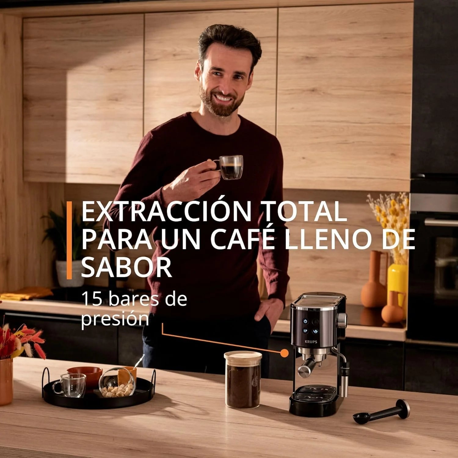Krups Virtuoso Essential - Cafetera espresso 15 bar, acero inox negro, diseño compacto y elegante, parada automática, espresso y cappuccino, Thermoblock, boquilla de vapor, incluye cuchara, XP4418