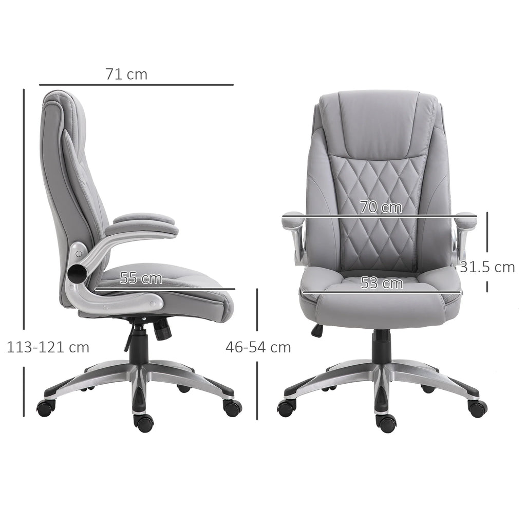 2025 Silla de Oficina de Cuero PU con Reposabrazos Abatibles, Altura Ajustable y Ruedas Giratorias, Gris