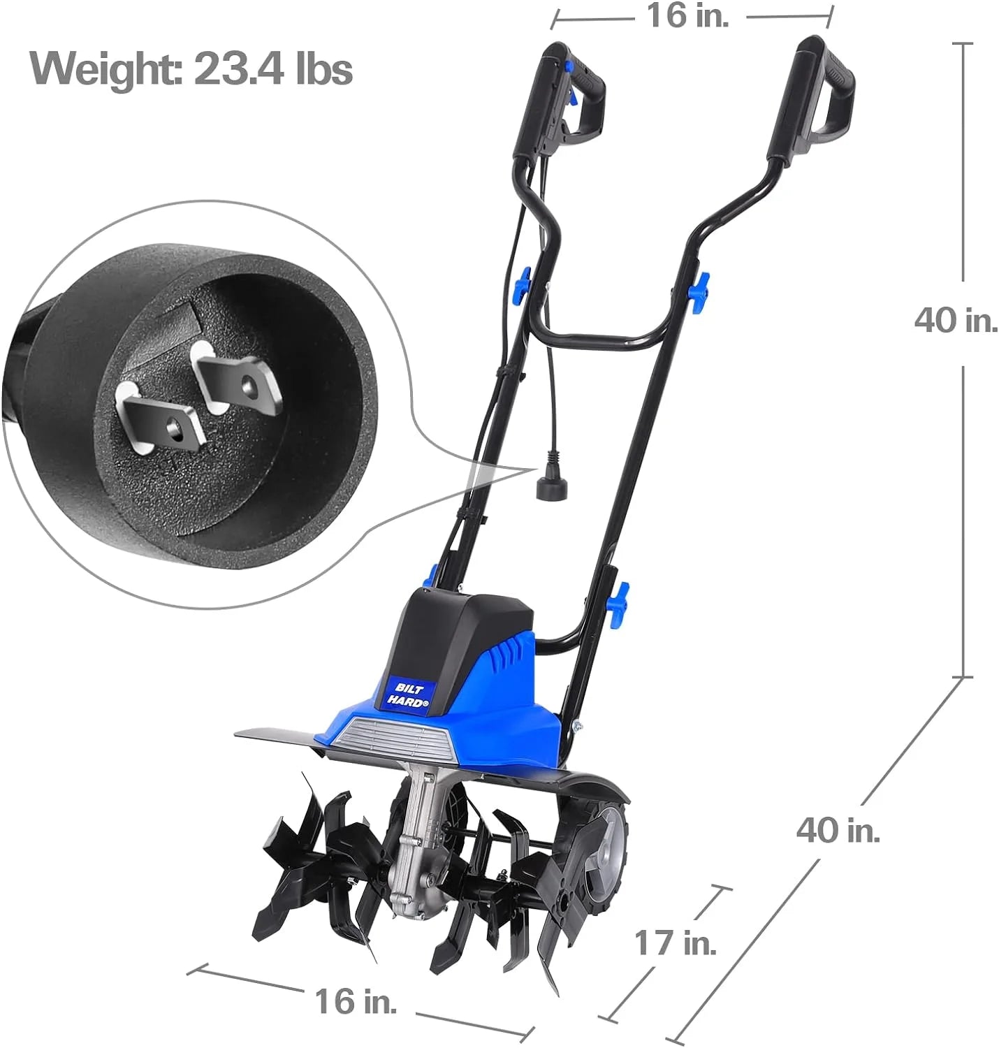 2025 Motocultor eléctrico BILT HARD de 16 pulgadas, 13,5 A, 6 dientes de acero, con ruedas ajustables.