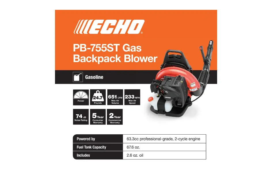 Soplador de mochila a gasolina 2 tiempos ECHO PB-755ST, 63,3 cm³, 233 MPH, 651 CFM con acelerador montado en el mango