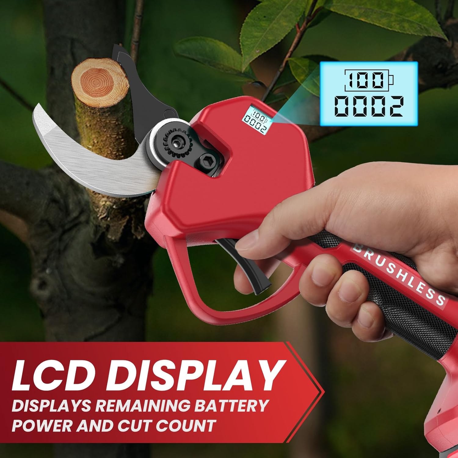 Electric Pruning Shears 50 mm, with Display, 2 Batteries 2000 mAh, Continued 4-8 Hours, Cutting Diameter is Adjustable in Two Gears (35/50 mm), Suitable for Orchards, Gardens and Farms