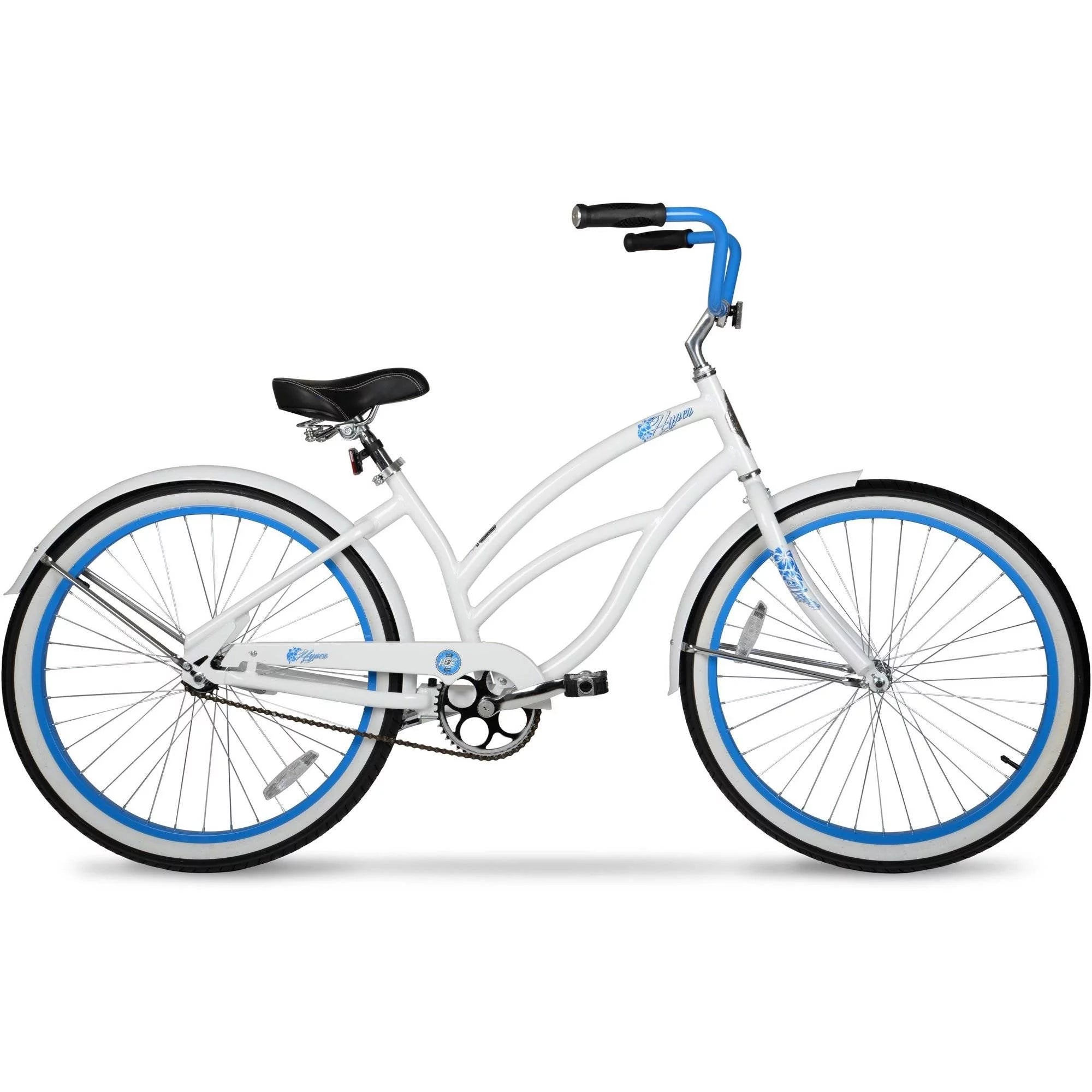Bicicleta de playa para mujer Hyper, 26 pulgadas, blanca con llantas azules