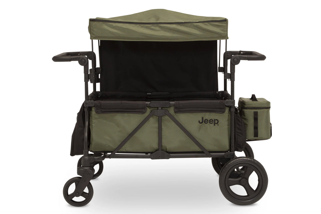 Carrito-Paseador Jeep Wrangler Deluxe – 2 Asientos con Arnés de 5 Puntos, Bolsa Térmica, Capota Anti-UV, Amplio Almacenamiento, Ruedas Todo Terreno Antipinchazos, Manillares Ajustables