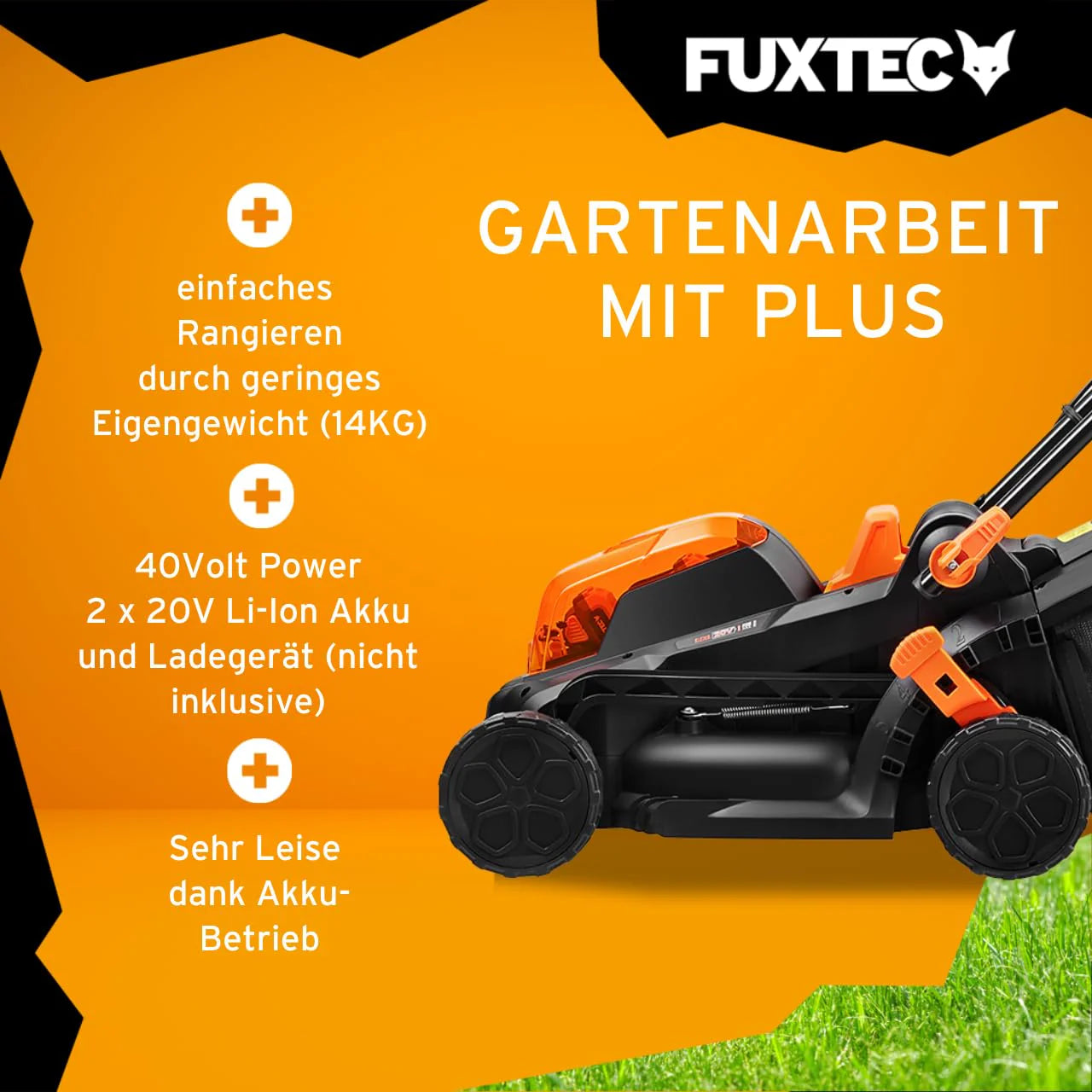 2025 Cortacésped inalámbrico FUXTEC 40V (2x20V) E1RM20 con 2 baterías Li-Ion 20V 2Ah y cargador doble – Ancho de corte 33 cm, altura de corte variable