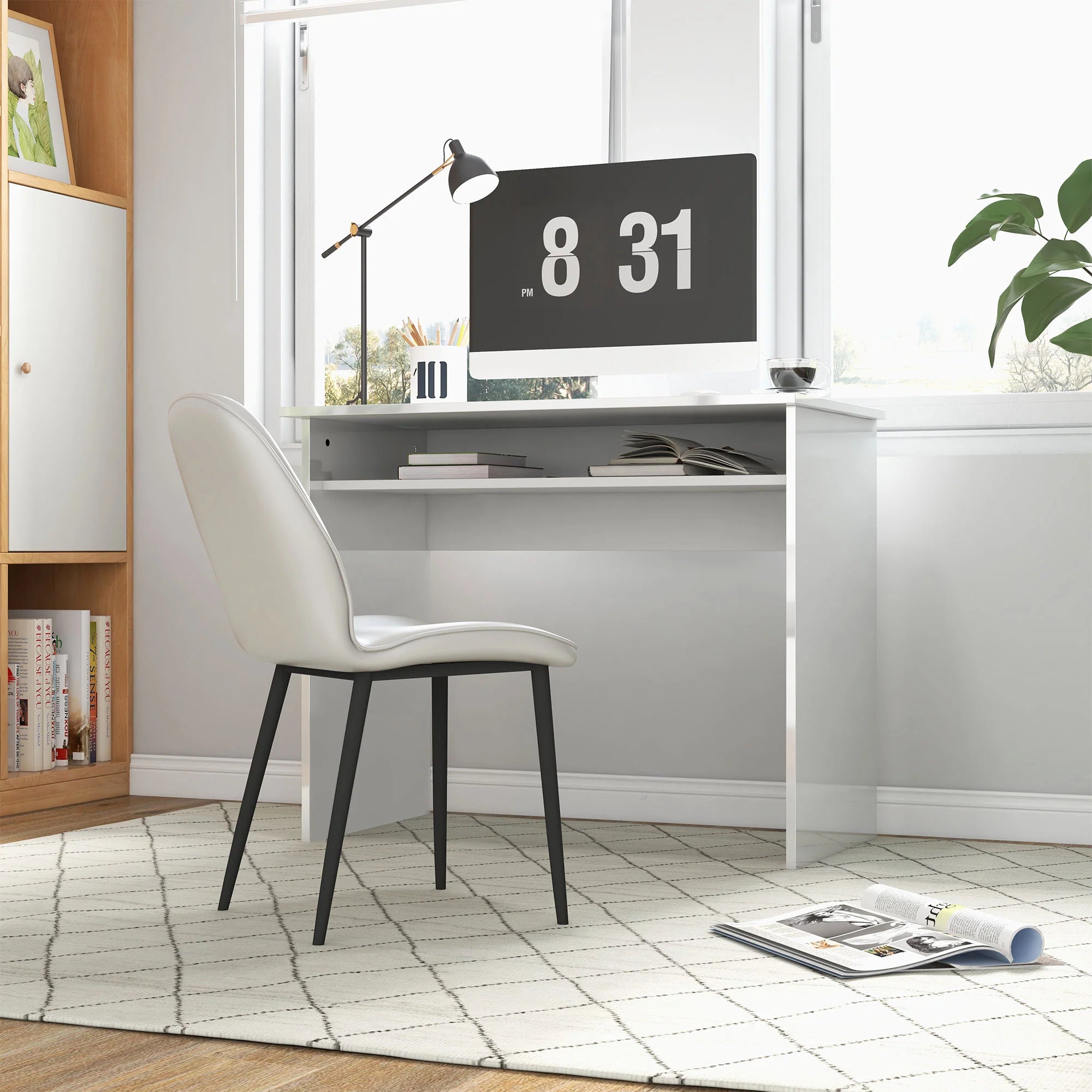 Escritorio de Ordenador Moderno, Escritorio Pequeño con Estante de Almacenamiento, 90 x 50 cm, Blanco Brillante
