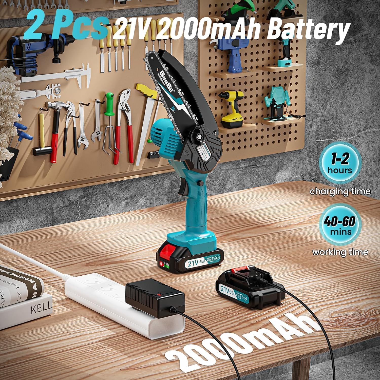 SEESII 2-in-1 Cordless Chain Saw and Mini Chainsaw with 2 4000mAh Batteries, 8 Inch Brushless Chainsaw with Telescopic Pole, Extendable up to 15 Feet for Tree Pruning