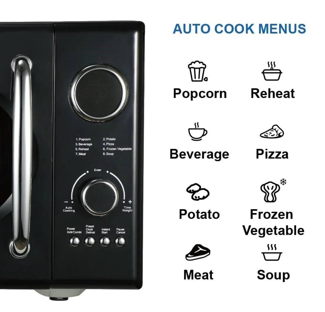 2025 Microondas retro negro Emerson 0,9 pies³ 800 W con función grill, modelo MWRG0901BK.