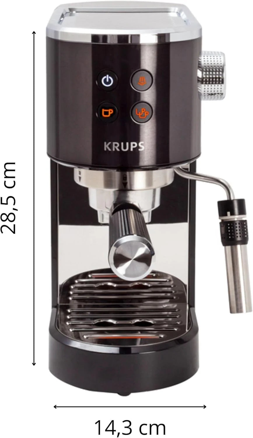 Krups Virtuoso Essential - Cafetera espresso 15 bar, acero inox negro, diseño compacto y elegante, parada automática, espresso y cappuccino, Thermoblock, boquilla de vapor, incluye cuchara, XP4418
