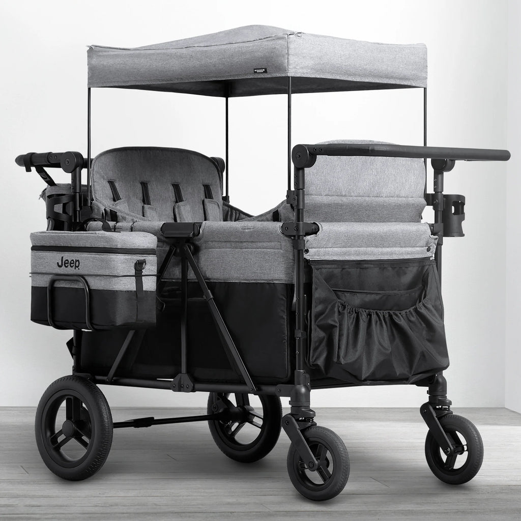 Carrito-Paseador Jeep Wrangler Deluxe para 4 Niños – Capota Desmontable, Bolsa Térmica, Asientos Modulares, Almacenamiento XXL, Ruedas Antipinchazos, Manillares Ajustables