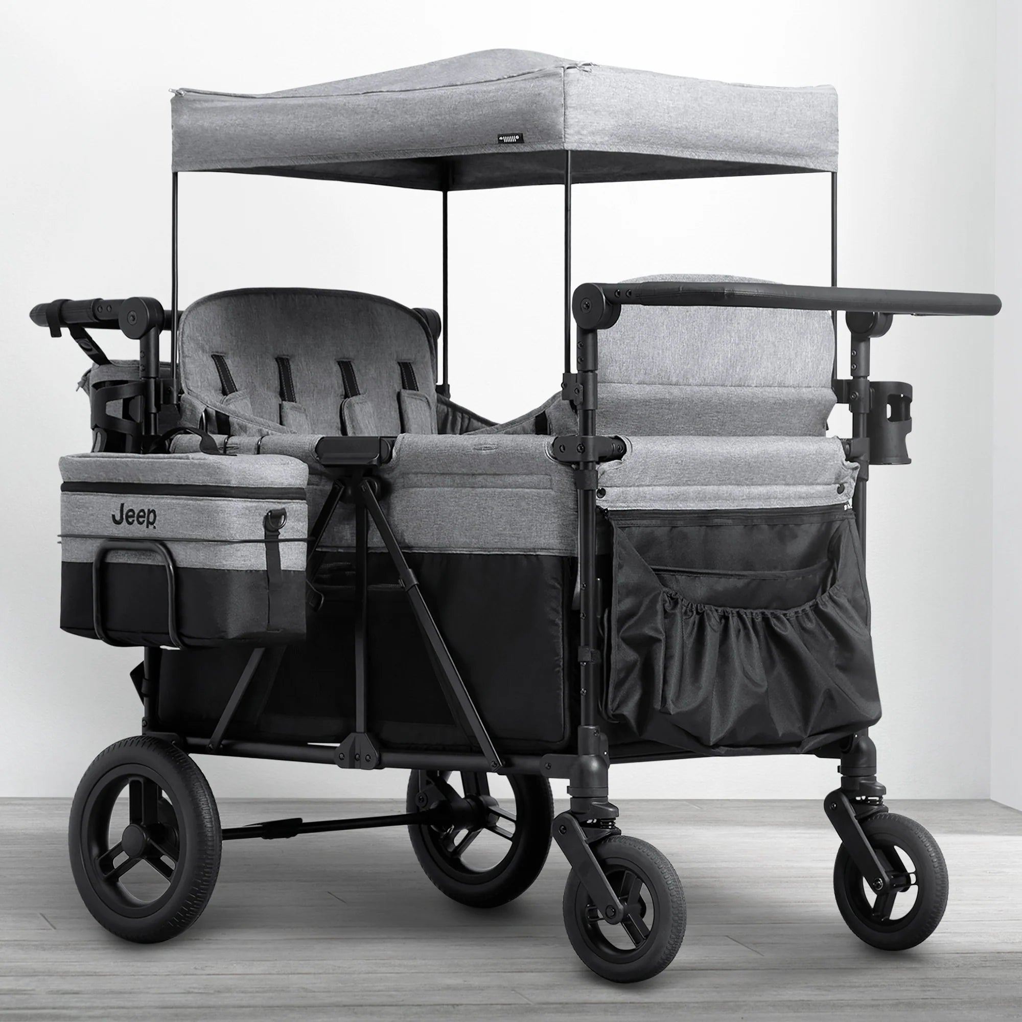 Carrito-Paseador Jeep Wrangler Deluxe para 4 Niños – Capota Desmontable, Bolsa Térmica, Asientos Modulares, Almacenamiento XXL, Ruedas Antipinchazos, Manillares Ajustables