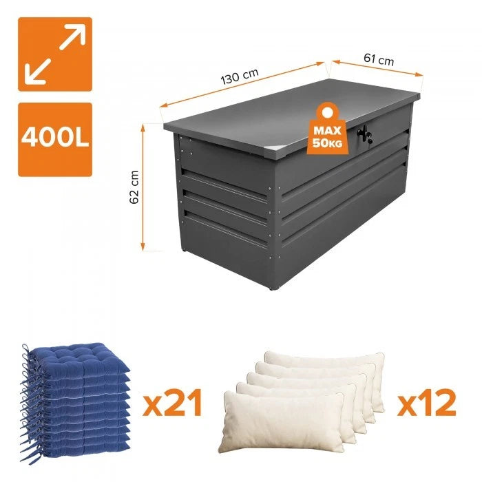 2025 Cofre de jardín de metal – 400 L – Caja de almacenamiento con tapa