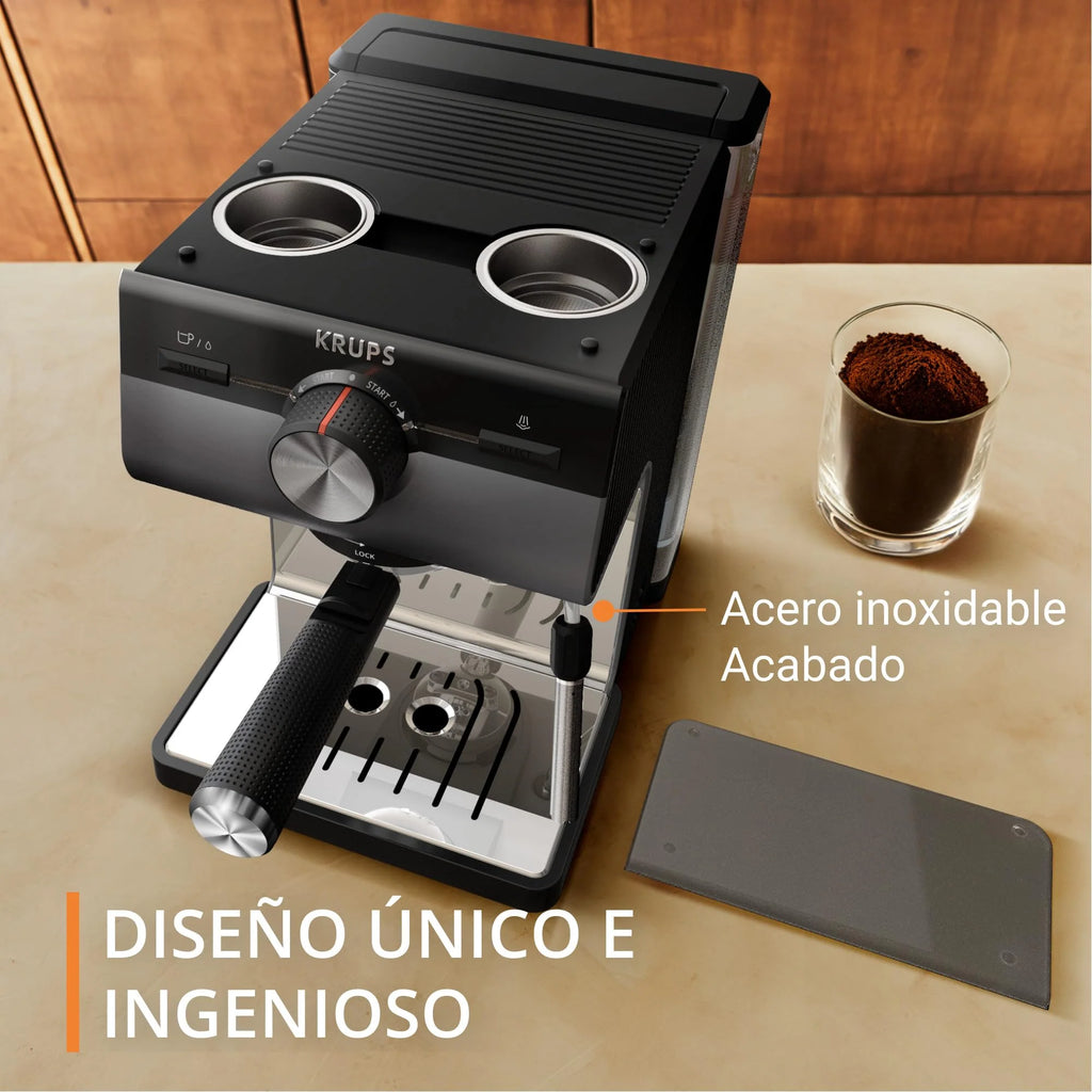 Krups Virtuoso Essential - Cafetera espresso 15 bar, acero inox negro, diseño compacto y elegante, parada automática, espresso y cappuccino, Thermoblock, boquilla de vapor, incluye cuchara, XP4418