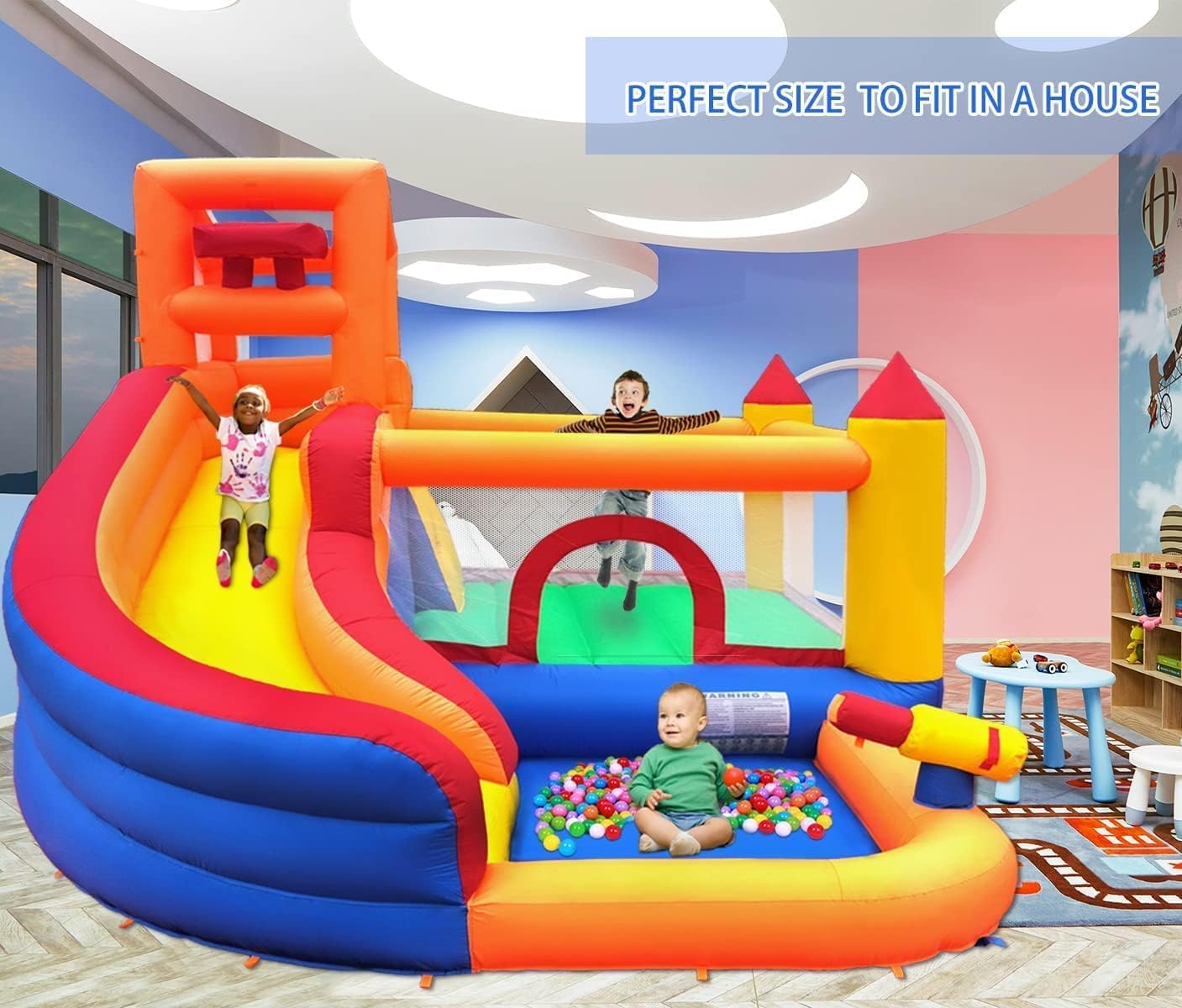 Ballsea Castillo Hinchable con Ventilador, Adecuado para niños de 3 a 10 años, para Interiores, cumpleaños Infantiles (488 x 223 x 220 cm)