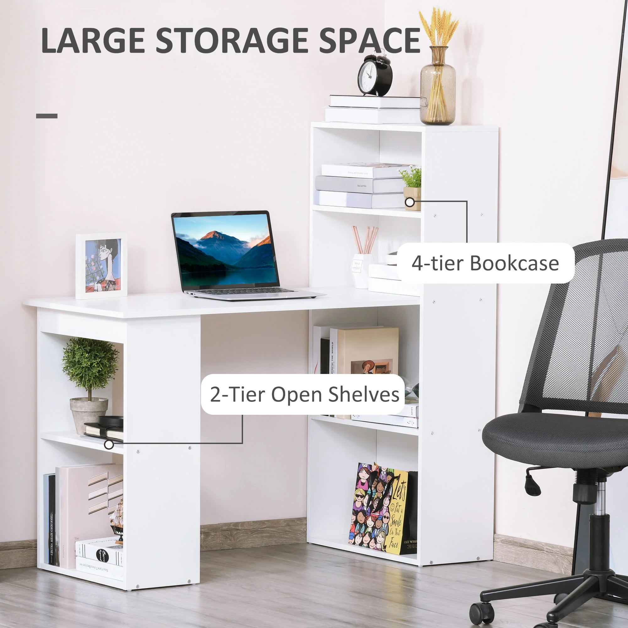 Escritorio de Ordenador Moderno de 120 cm con Estantería, Mesa de Estudio y Estación de Trabajo con 6 Estantes, Blanco