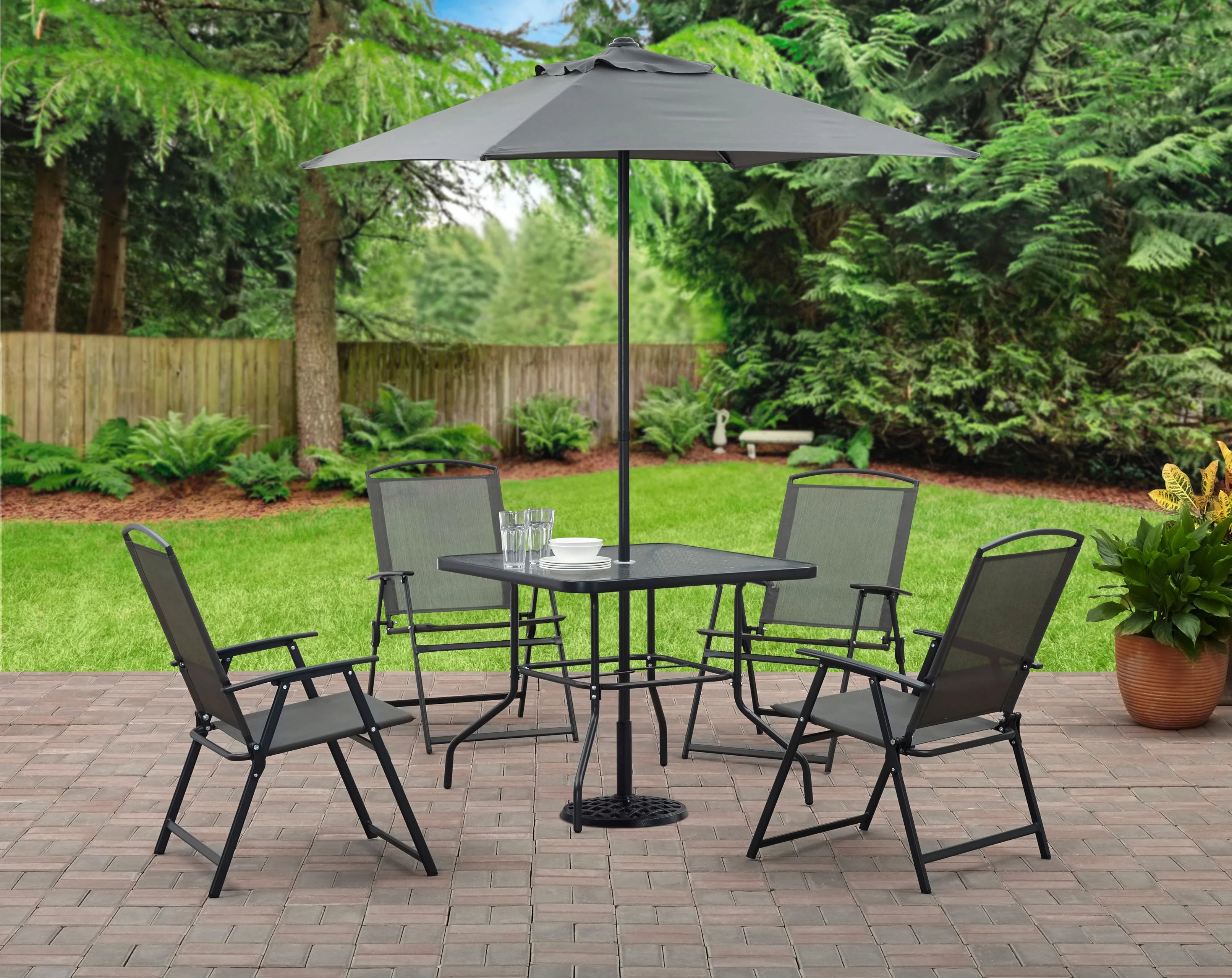 2025 Juego de comedor exterior Mainstays Albany Lane de 6 piezas con sombrilla, acero, rojo