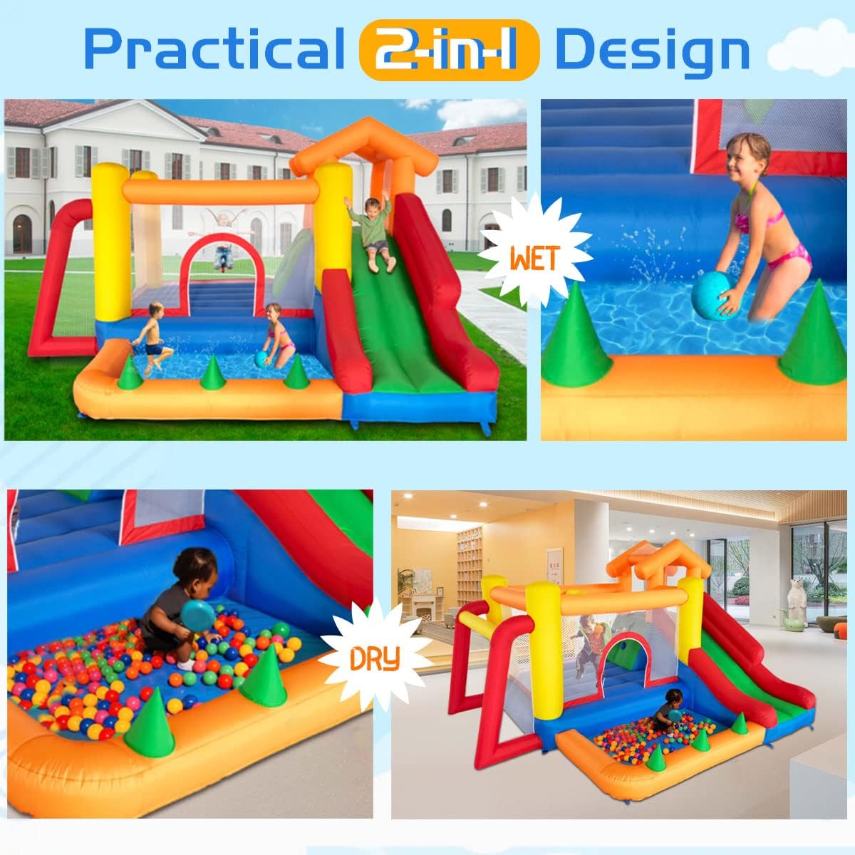 Ballsea Castillo Hinchable con Ventilador, Adecuado para niños de 3 a 10 años, para Interiores, cumpleaños Infantiles (488 x 223 x 220 cm)