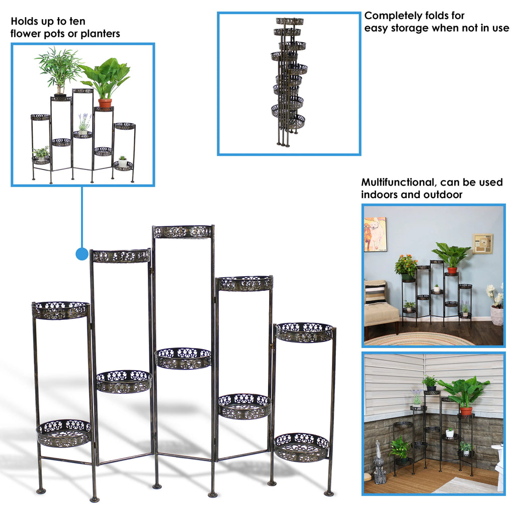 2025 Soporte Plegable para Plantas Sunnydaze de Acero en Bronce con 10 Niveles para Interior y Exterior - Altura 117 cm