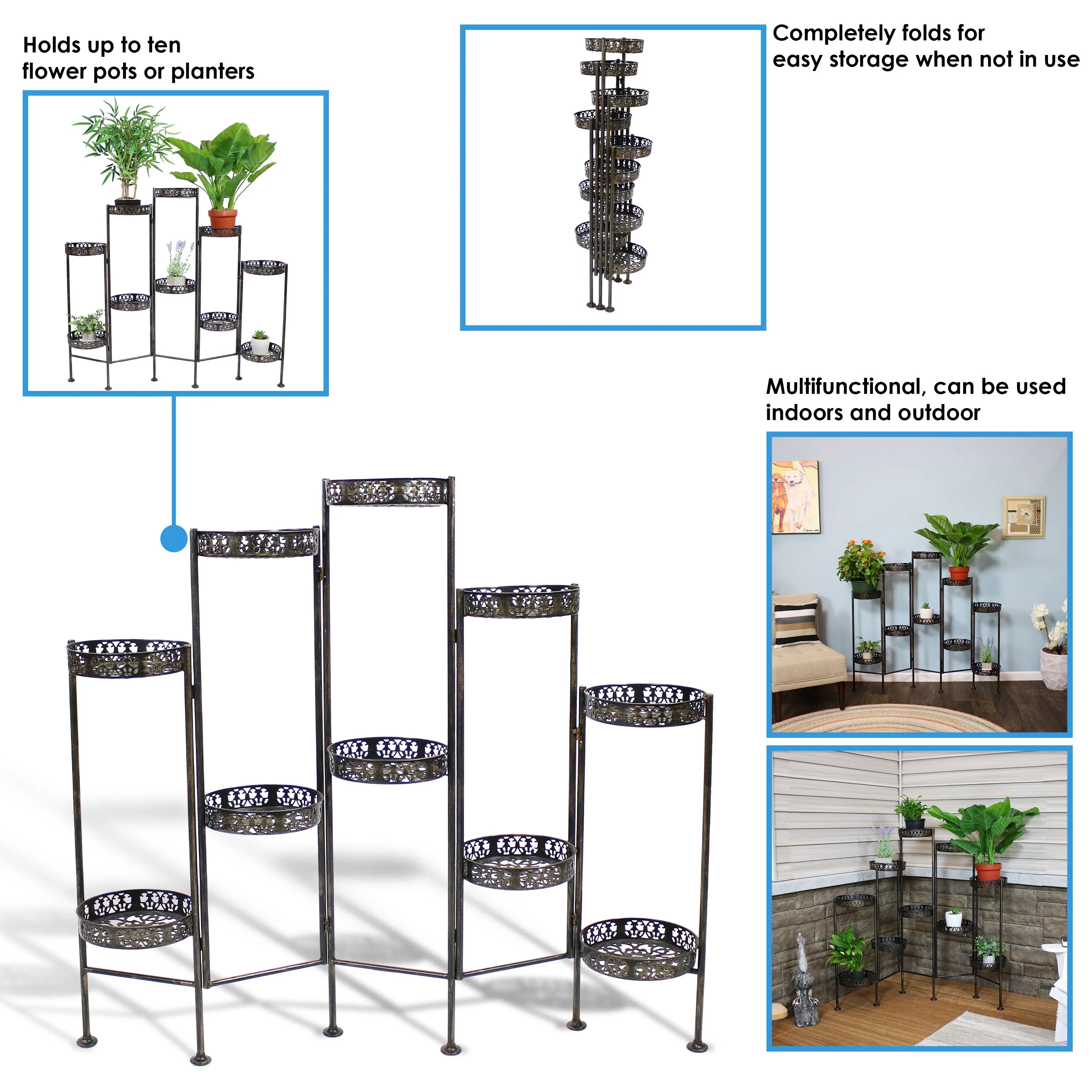2025 Soporte Plegable para Plantas Sunnydaze de Acero en Bronce con 10 Niveles para Interior y Exterior - Altura 117 cm