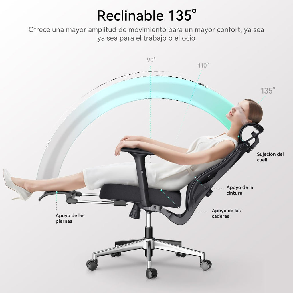 Hbada P5 Silla de Oficina ergonómica con Soporte Lumbar Ajustable, cojín elástico Transpirable, reposabrazos Ajustables y reposacabezas, Reposapiés Integrado, Negro