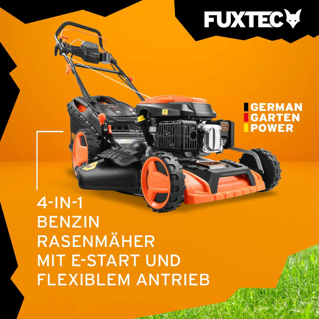 2025 Cortacésped de gasolina 4 en 1 FUXTEC FX-RM5196eS con motor ZIPGO, cortacésped de jardín con función de descarga lateral, ancho de corte 51 cm, motor de 4 tiempos con tracción trasera, ruedas grandes con rodamientos, bolsa de césped 60 L