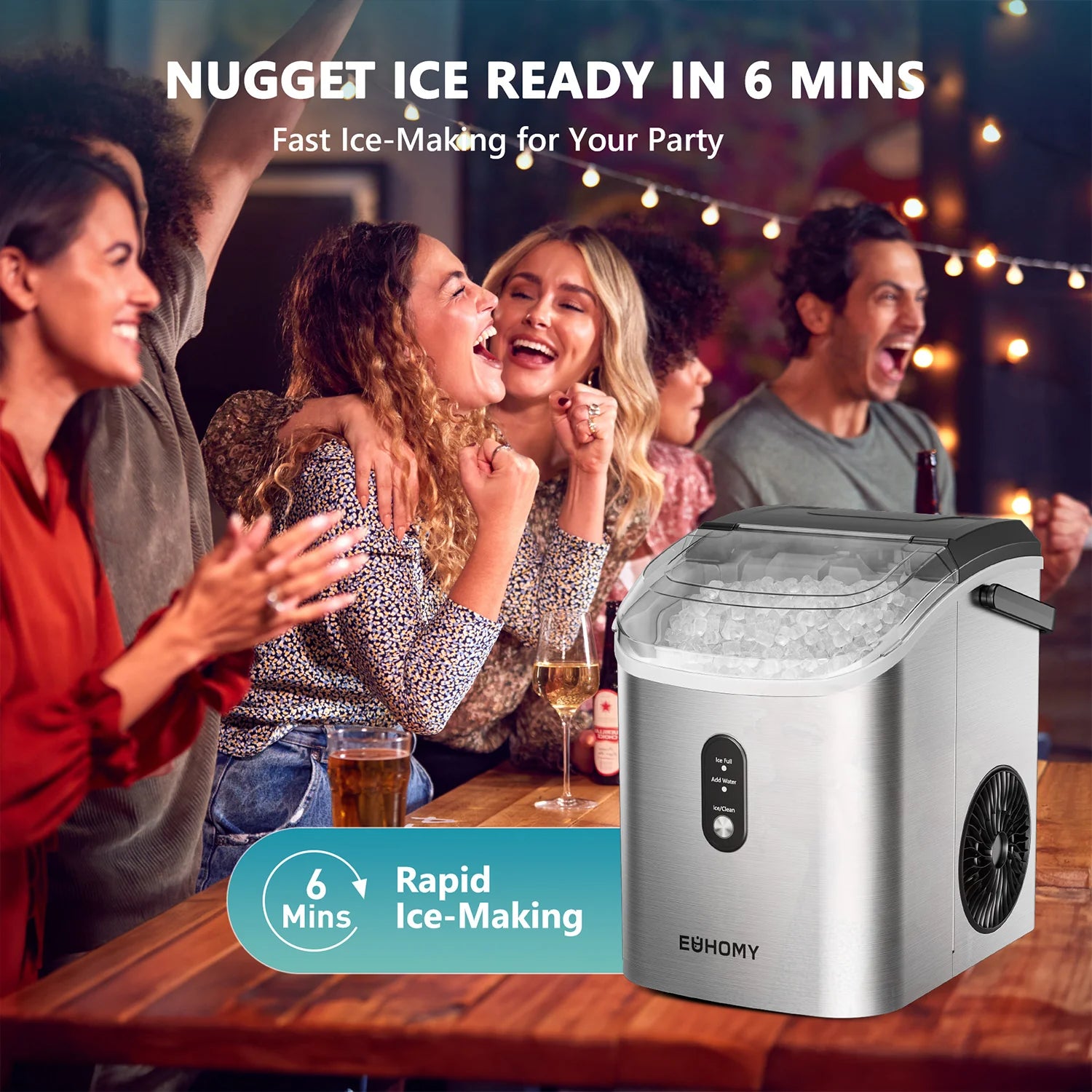2025 Máquina de hielo portátil EUHOMY con hielo tipo nugget y limpieza automática Sonic