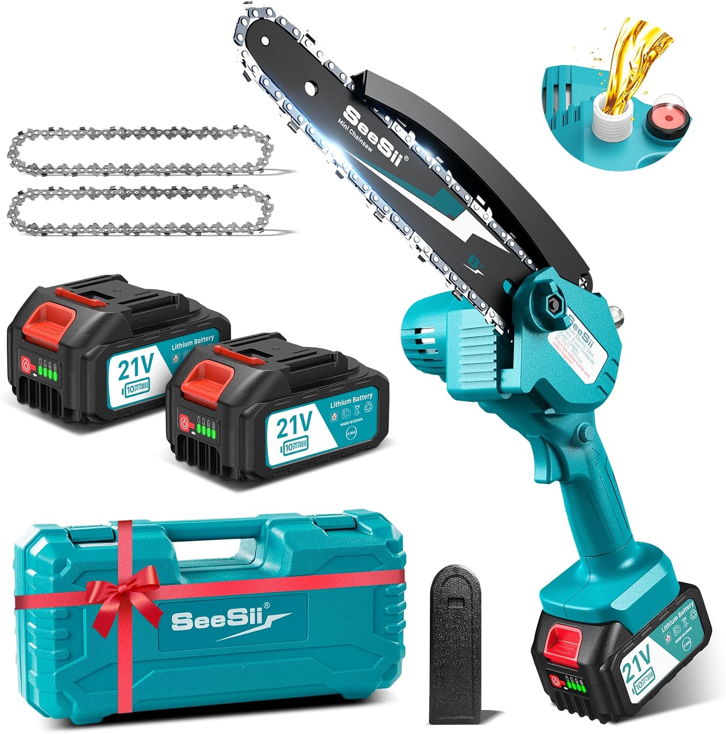 SEESII 2-in-1 Cordless Chain Saw and Mini Chainsaw with 2 4000mAh Batteries, 8 Inch Brushless Chainsaw with Telescopic Pole, Extendable up to 15 Feet for Tree Pruning