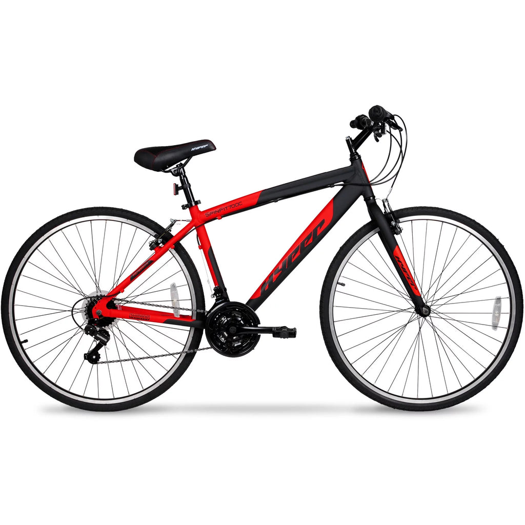 Bicicleta híbrida Hyper Spin Fit para hombre, 700c, negra y roja