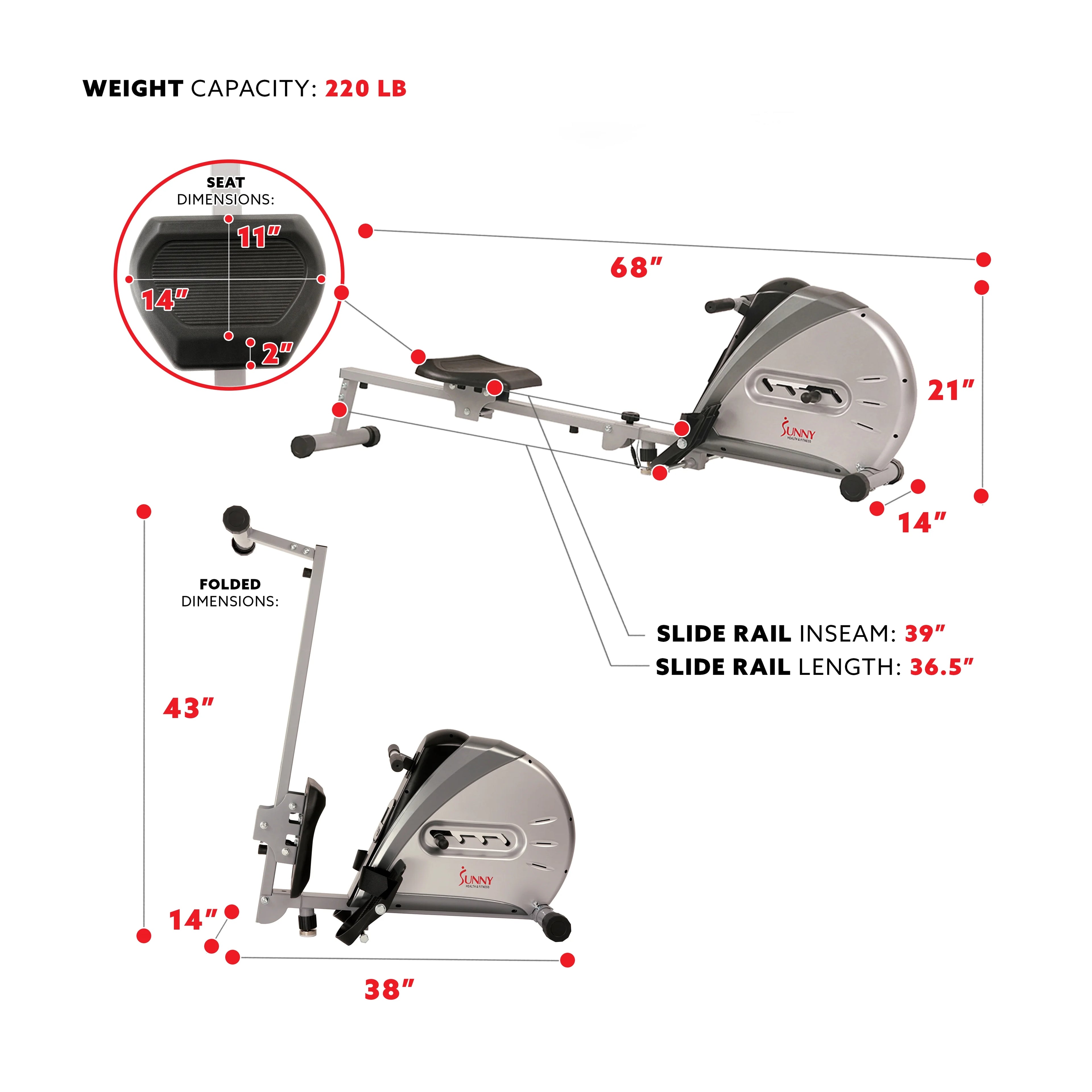 Remo con cuerda elástica Sunny Health & Fitness, pantalla LCD para un entrenamiento completo en casa, modelo SF-RW5606.
