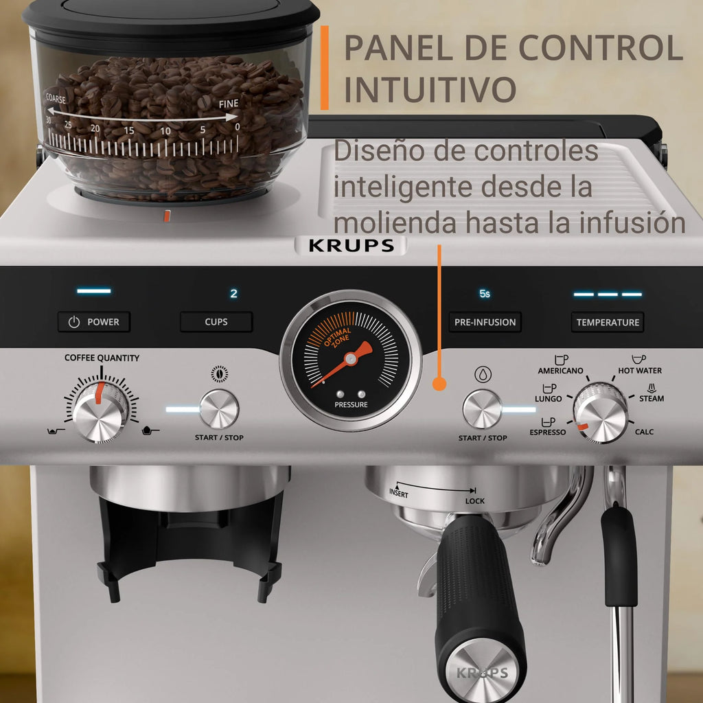 Krups Virtuoso Essential - Cafetera espresso 15 bar, acero inox negro, diseño compacto y elegante, parada automática, espresso y cappuccino, Thermoblock, boquilla de vapor, incluye cuchara, XP4418