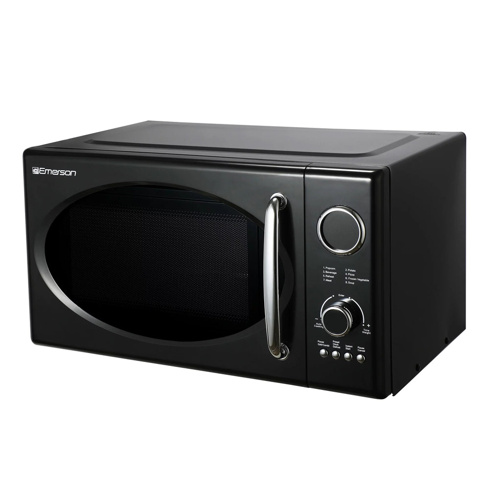 2025 Microondas retro negro Emerson 0,9 pies³ 800 W con función grill, modelo MWRG0901BK.