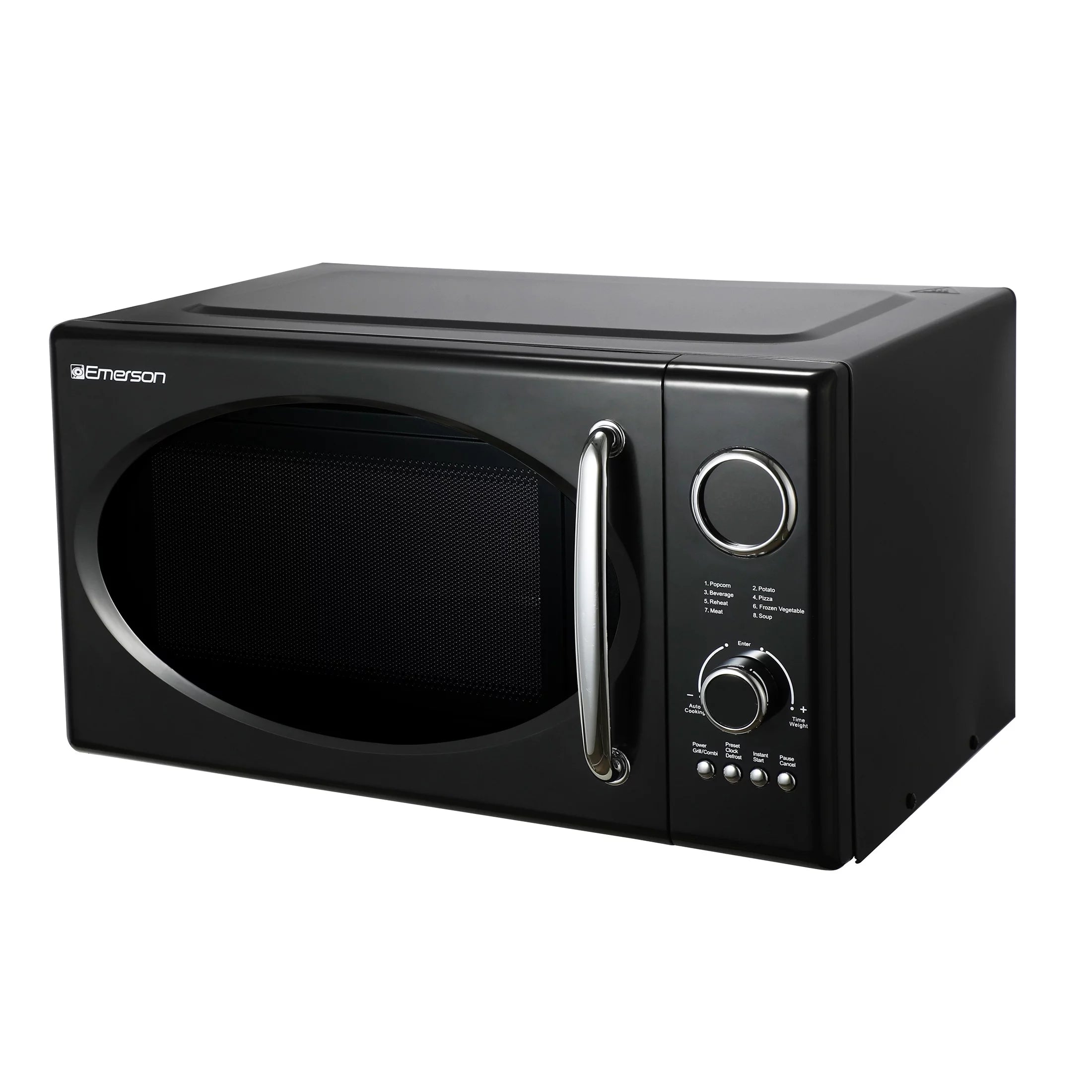 2025 Microondas retro negro Emerson 0,9 pies³ 800 W con función grill, modelo MWRG0901BK.