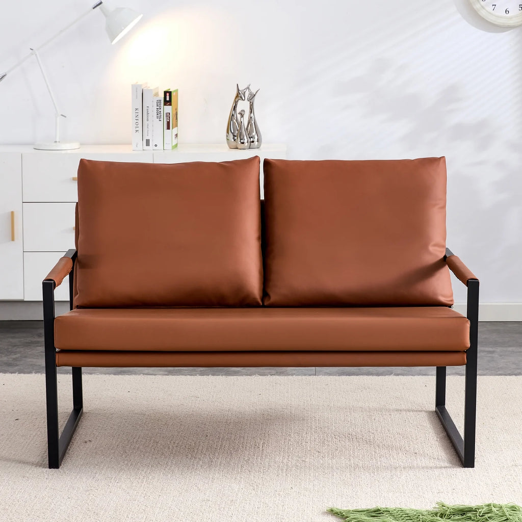 Sofá moderno de dos plazas con 2 cojines – cuero sintético, relleno de espuma de alta densidad, estructura metálica negra lacada. Color: marrón.