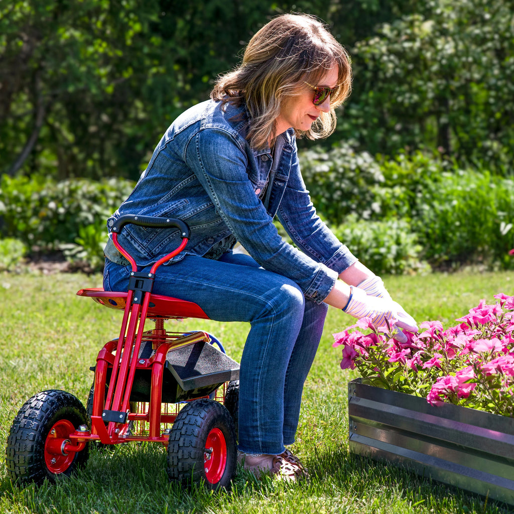 2025 Carrito de Jardín Rodante Sunnydaze con Asiento Giratorio y Manillar de Dirección