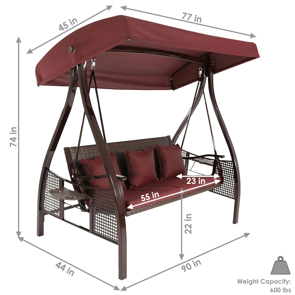 2025 Columpio de Jardín Sunnydaze Deluxe para 3 Personas con Toldo y Mesas Laterales