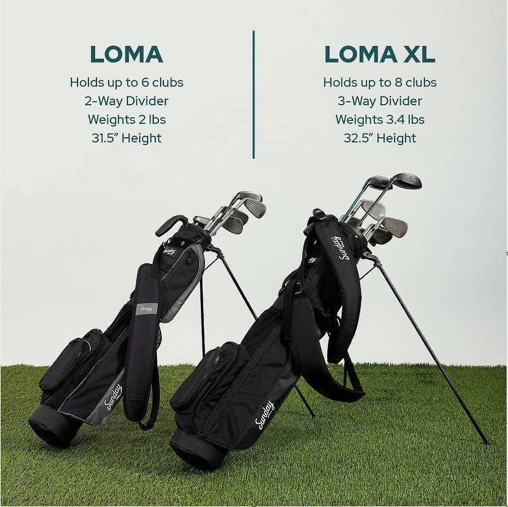Bolsa de golf Sunday Golf Loma XL - Ligera, con bandolera y función de soporte - Fácil de transportar para pitch & putt - Bolsa con soporte para práctica, campo par 3 y ejecutivo, 1,5 kg (Negro mate)