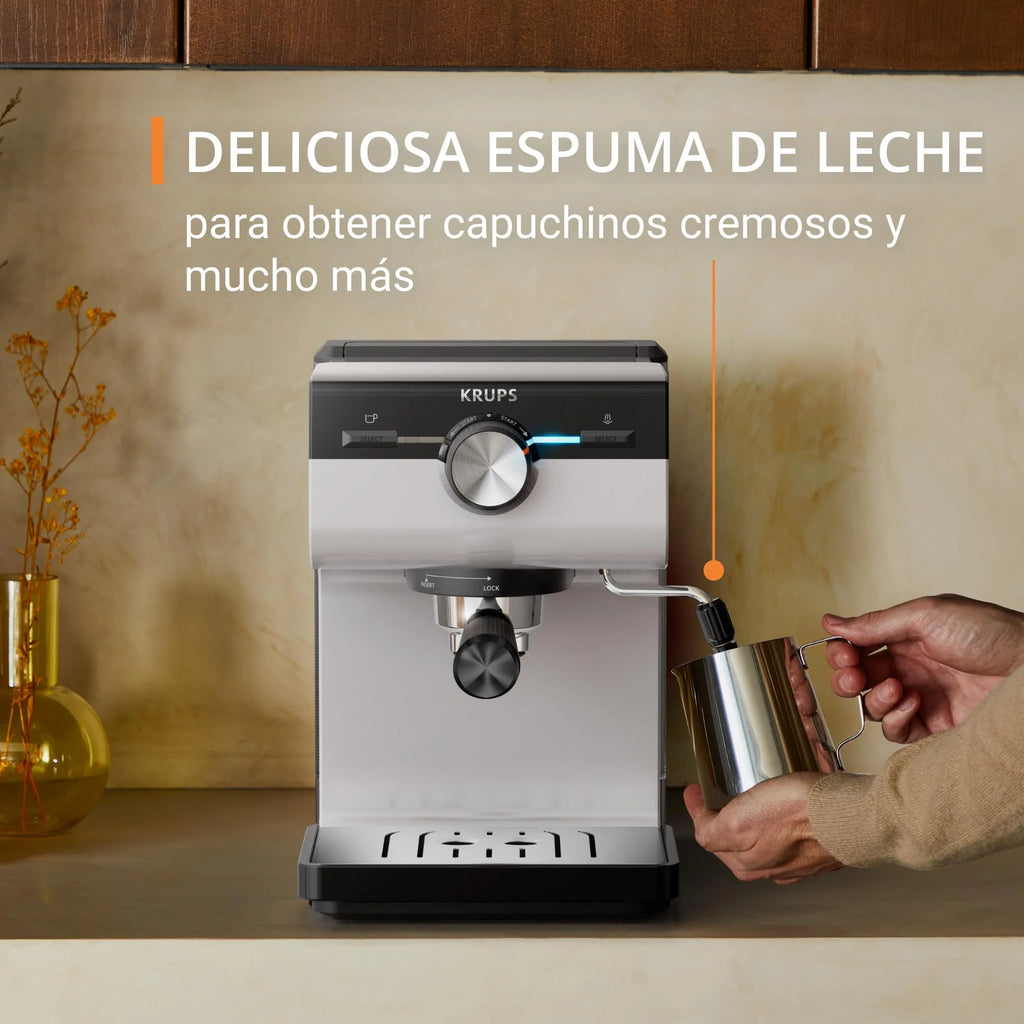 Krups Virtuoso Essential - Cafetera espresso 15 bar, acero inox negro, diseño compacto y elegante, parada automática, espresso y cappuccino, Thermoblock, boquilla de vapor, incluye cuchara, XP4418