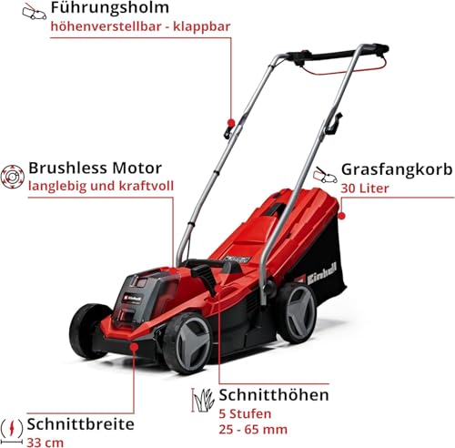 2025 Cortacésped a batería Einhell GE-CM 18/33 Li-Solo Power X-Change (18 V, ancho de corte 33 cm, hasta 200 m², motor brushless, bolsa de recogida 30 L, altura de corte 25-65 mm, sin batería)