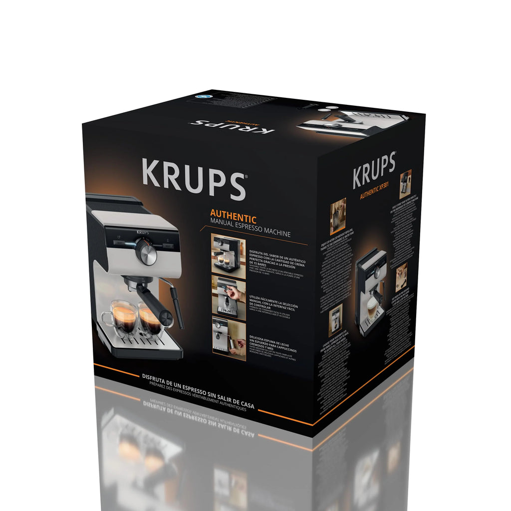 Krups Virtuoso Essential - Cafetera espresso 15 bar, acero inox negro, diseño compacto y elegante, parada automática, espresso y cappuccino, Thermoblock, boquilla de vapor, incluye cuchara, XP4418
