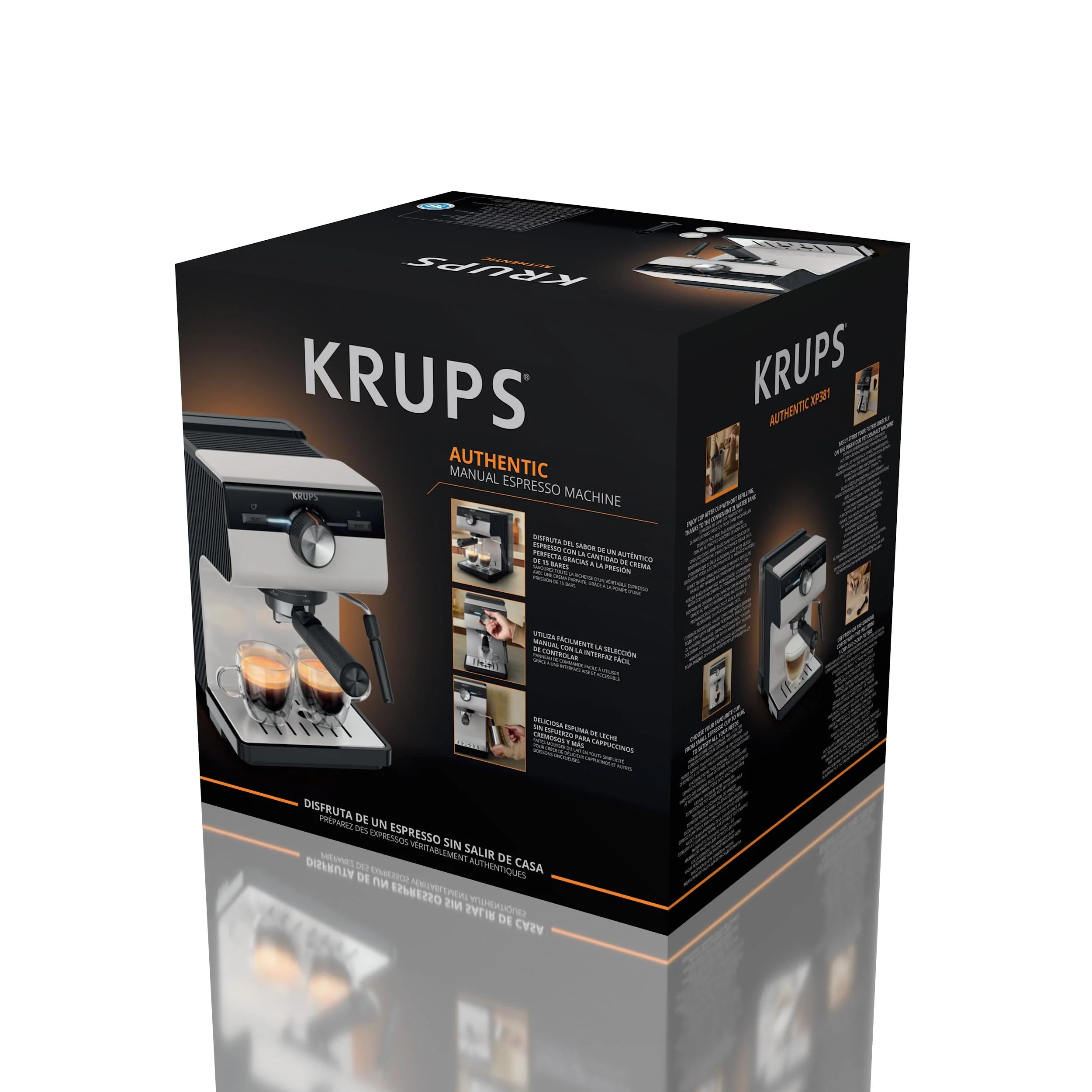 Krups Virtuoso Essential - Cafetera espresso 15 bar, acero inox negro, diseño compacto y elegante, parada automática, espresso y cappuccino, Thermoblock, boquilla de vapor, incluye cuchara, XP4418