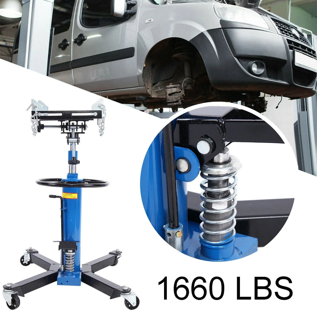 Gato hidráulico vertical para transmisión de vehículos, capacidad de 0,75 toneladas (1660 lb), altura de elevación de 84 a 178 cm, ruedas giratorias de 360° y pedal, color azul
