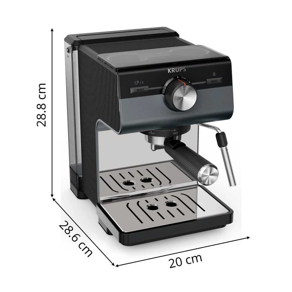 Krups Virtuoso Essential - Cafetera espresso 15 bar, acero inox negro, diseño compacto y elegante, parada automática, espresso y cappuccino, Thermoblock, boquilla de vapor, incluye cuchara, XP4418