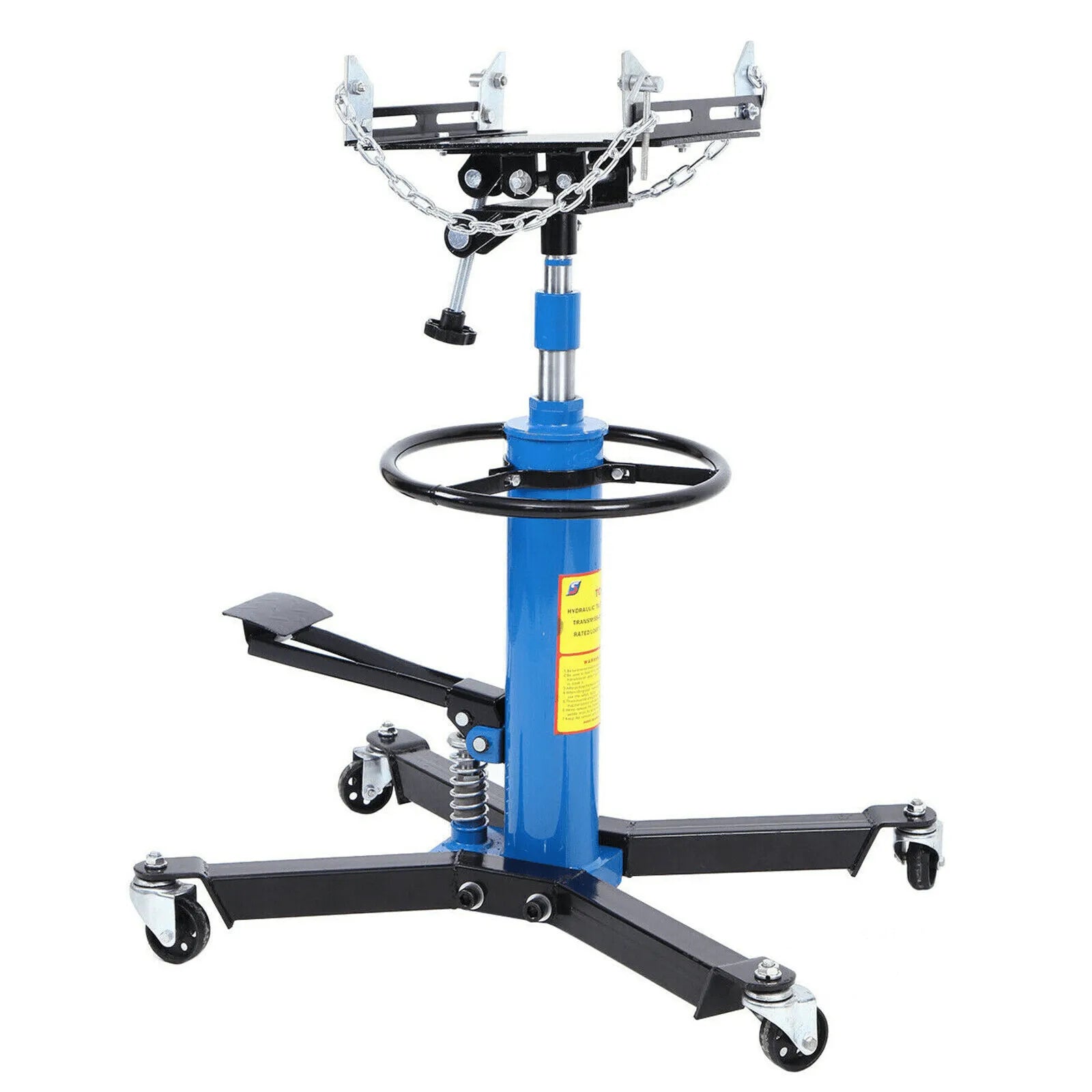 Gato hidráulico vertical para transmisión de vehículos, capacidad de 0,75 toneladas (1660 lb), altura de elevación de 84 a 178 cm, ruedas giratorias de 360° y pedal, color azul