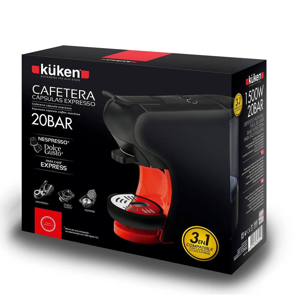 2025 Cafetera de Cápsulas Küken 3 en 1 – 20 Bares de Presión y Compatible con Nespresso, Dolce Gusto y Café Molido