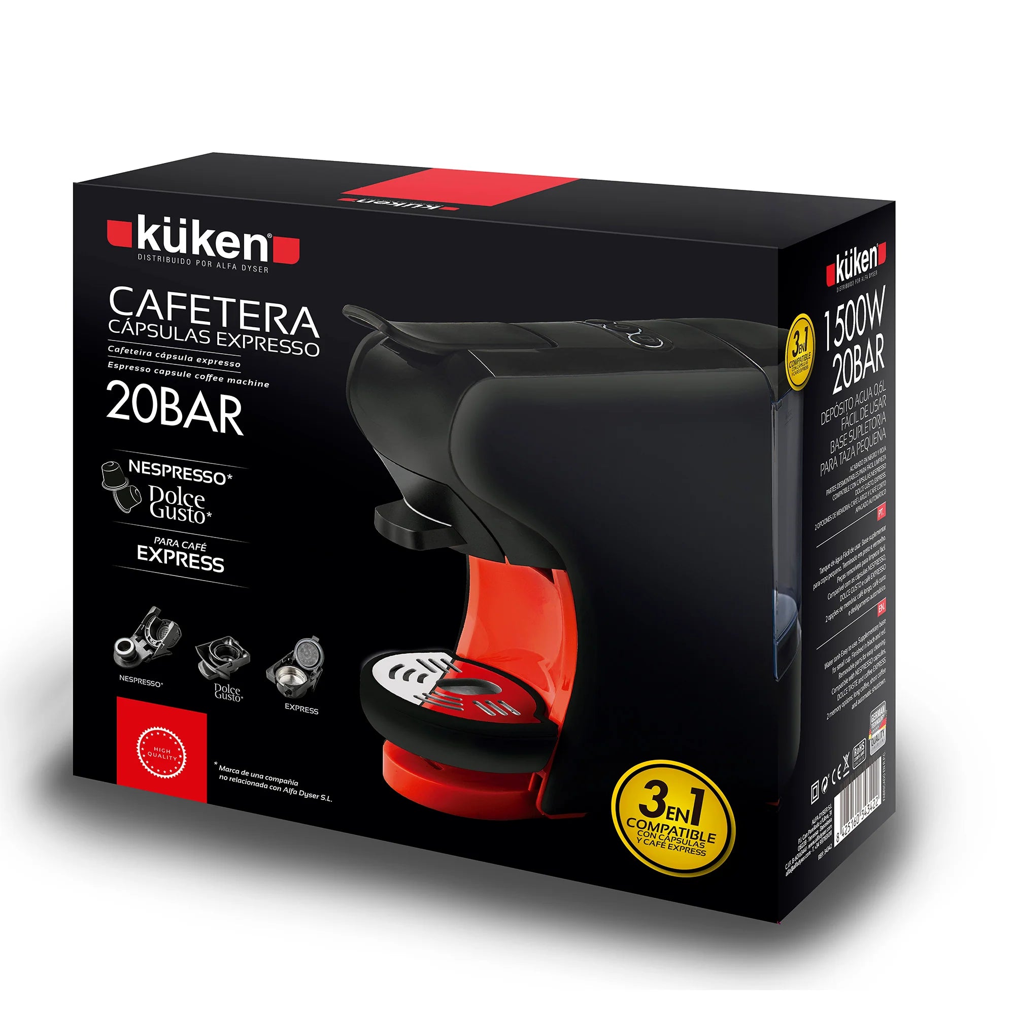2025 Cafetera de Cápsulas Küken 3 en 1 – 20 Bares de Presión y Compatible con Nespresso, Dolce Gusto y Café Molido