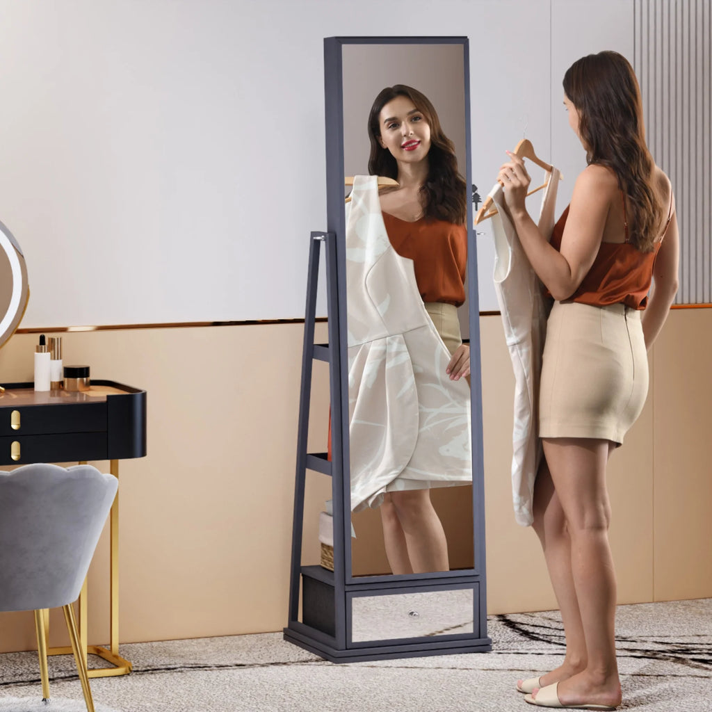 Joyero FREDEES con espejo e iluminación: organizador de madera con espejo de cuerpo entero para mujer, color gris elegante.