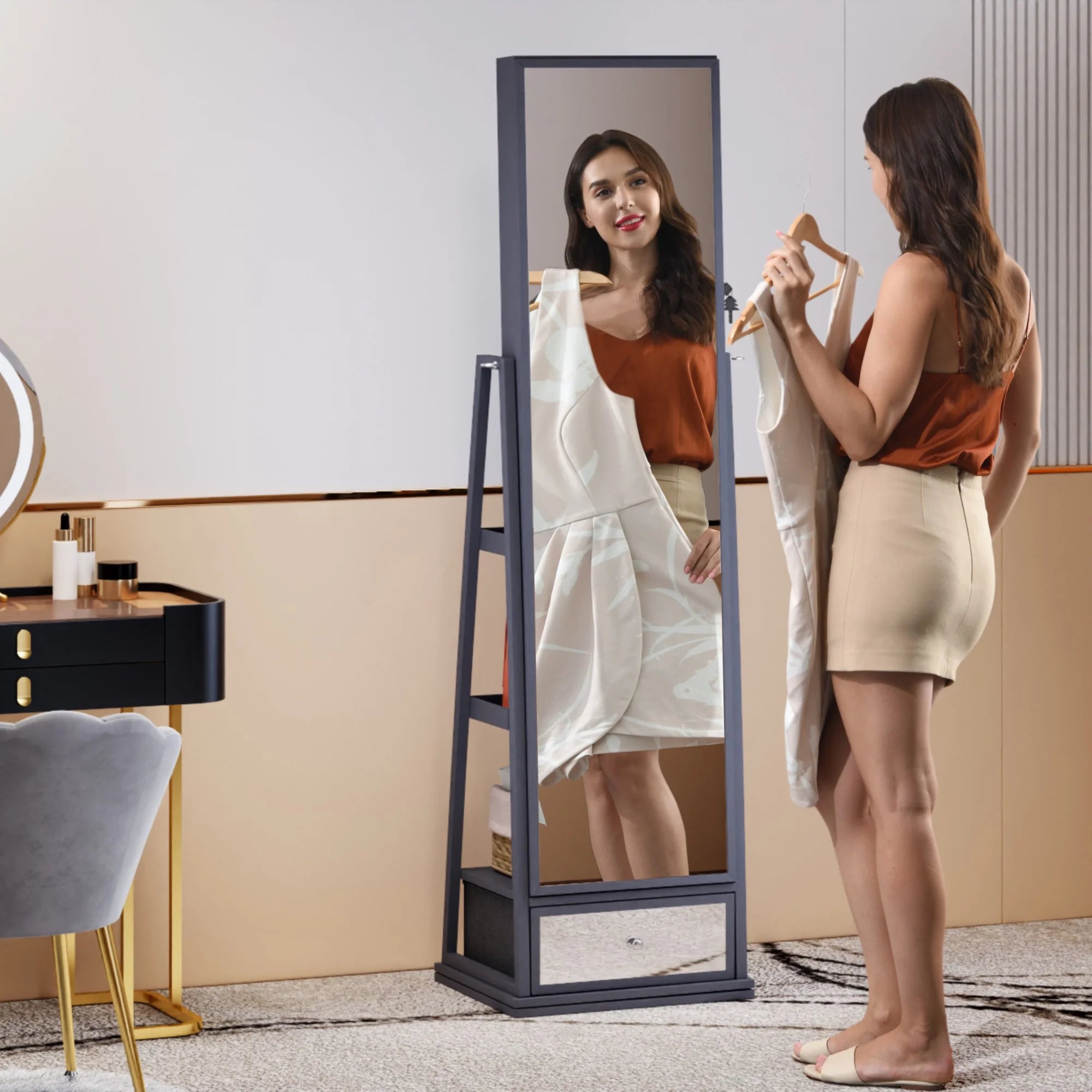 Joyero FREDEES con espejo e iluminación: organizador de madera con espejo de cuerpo entero para mujer, color gris elegante.