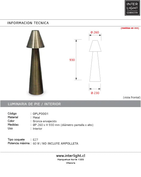2025 Lámpara de pie metal bronce envejecido Ø26x93 cm E27 - OPLP0001