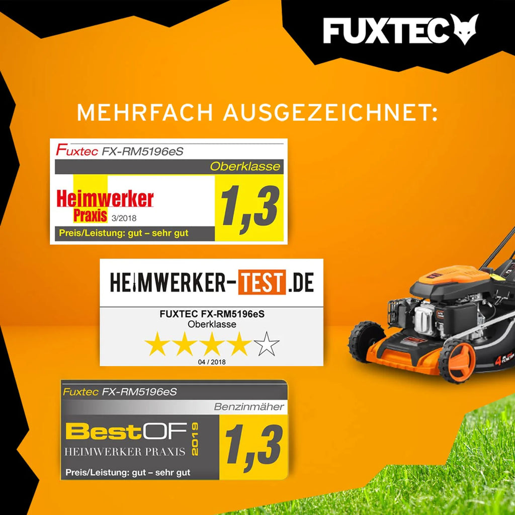 2025 Cortacésped de gasolina 4 en 1 FUXTEC FX-RM5196eS con motor ZIPGO, cortacésped de jardín con función de descarga lateral, ancho de corte 51 cm, motor de 4 tiempos con tracción trasera, ruedas grandes con rodamientos, bolsa de césped 60 L